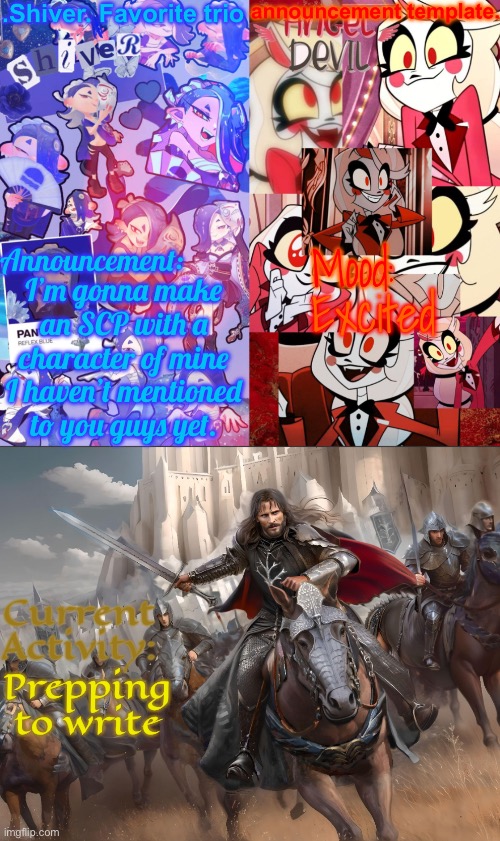 This is gonna be exciting! | I’m gonna make an SCP with a character of mine I haven’t mentioned to you guys yet. Excited; Prepping to write | image tagged in shiver favorite trio announcement temp | made w/ Imgflip meme maker