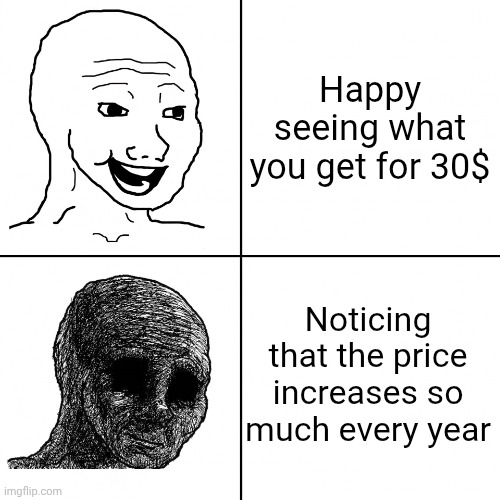 Happy Wojak vs Depressed Wojak | Happy seeing what you get for 30$ Noticing that the price increases so much every year | image tagged in happy wojak vs depressed wojak | made w/ Imgflip meme maker