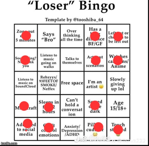 loser bingo | image tagged in loser bingo | made w/ Imgflip meme maker