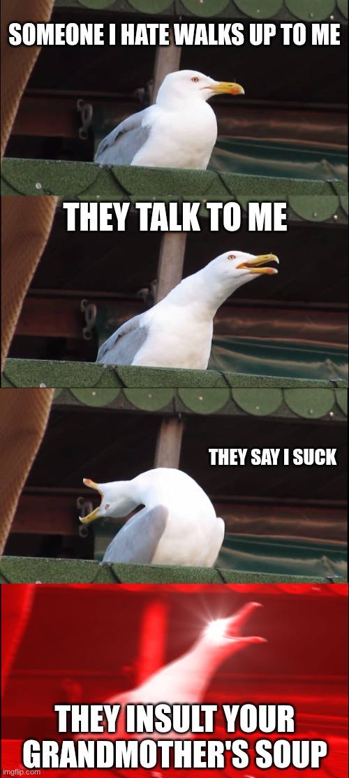Inhaling Seagull | Someone I hate walks up to me; they talk to me; they say I suck; they insult your grandmother's soup | image tagged in memes,inhaling seagull | made w/ Imgflip meme maker