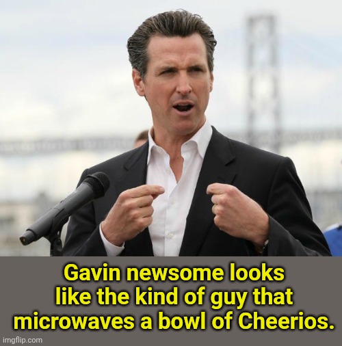 gavin newsome | Gavin newsome looks like the kind of guy that microwaves a bowl of Cheerios. | image tagged in gavin newsome | made w/ Imgflip meme maker