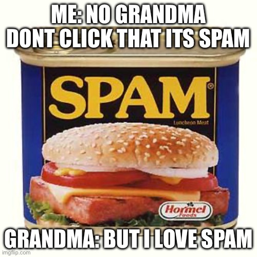 Spam.. | Me: no grandma dont click that its spam; grandma: but i love spam | image tagged in spam | made w/ Imgflip meme maker