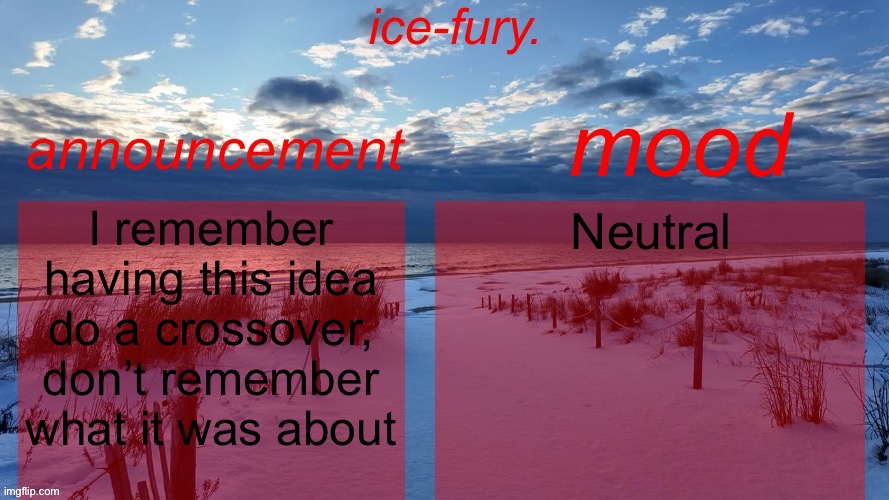 Just wanting to let youse guys know if a crossover i once had | I remember having this idea do a crossover, don’t remember what it was about; Neutral | image tagged in ice-fury template v2 | made w/ Imgflip meme maker