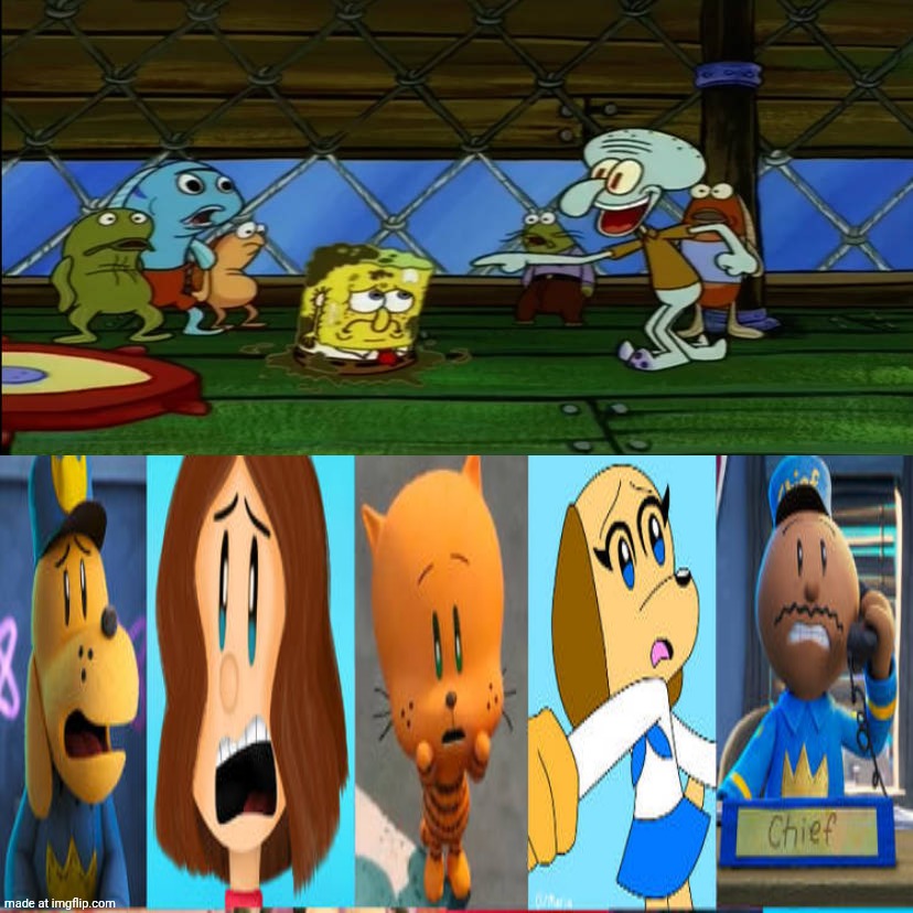 Dog man and friends reaction to squidward's pranks | image tagged in who's reaction to squidward's pranks,deviantart,dreamworks,nickelodeon,spongebob squarepants,deviantart week | made w/ Imgflip meme maker