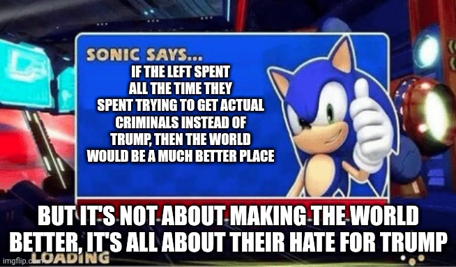 Sonic Says | If the left spent all the time they spent trying to get actual criminals instead of Trump, then the world would be a much better place; But it's not about making the world better, it's all about their hate for Trump | image tagged in sonic says | made w/ Imgflip meme maker