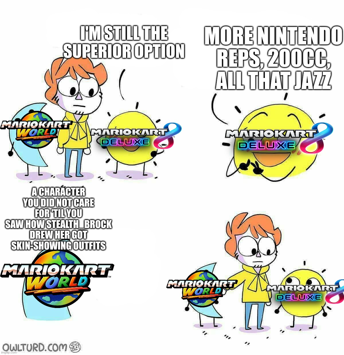 mario memes 'til new movie (week 4/4, day 2) | more nintendo reps, 200cc, all that jazz; i'm still the superior option; a character you did not care for 'til you saw how stealth_brock drew her got skin-showing outfits | image tagged in day vs night,mario,super mario,mario kart | made w/ Imgflip meme maker