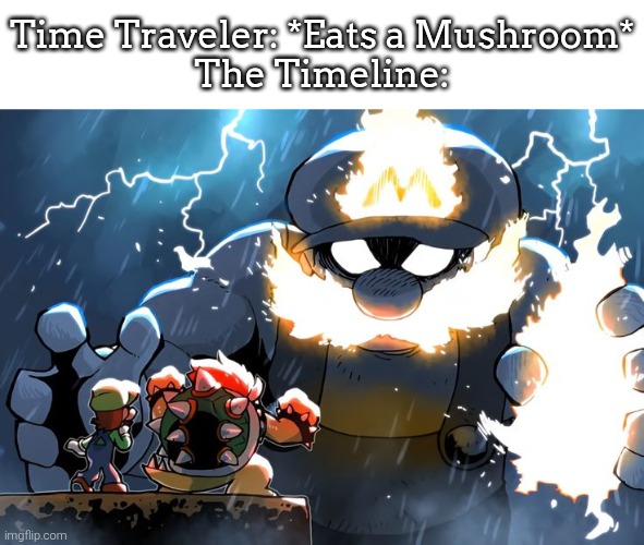 Can someone please explain what's happened to Mario? | Time Traveler: *Eats a Mushroom*
The Timeline: | image tagged in time traveler,mario | made w/ Imgflip meme maker