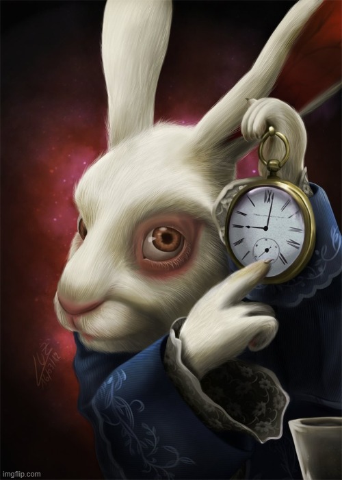 White Rabbit Pointing at a Clock | image tagged in white rabbit pointing at a clock | made w/ Imgflip meme maker