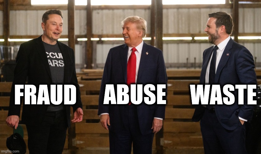 Meet Fraud, Waste, and Abuse | Abuse; Fraud; Waste | image tagged in elon musk donald trump jd vance,remix | made w/ Imgflip meme maker