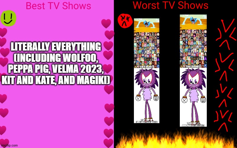 My best and worst SHUT UP KATE shows (had to post it in the stream cause there's Oggy in it) | Literally everything (including Wolfoo, Peppa Pig, Velma 2023, Kit and Kate, and Magiki) | image tagged in best tv shows and worst tv shows | made w/ Imgflip meme maker
