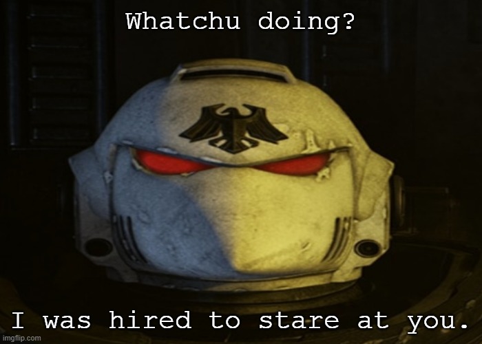 Send this to someone you wanna make uncomfortable. | Whatchu doing? I was hired to stare at you. | image tagged in ravenguard | made w/ Imgflip meme maker