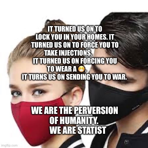 Mask Couple | It turned us on to lock you in your homes. It turned us on to force you to take injections.            It turned us on forcing you to wear a 😷.              It turns us on sending you to war. We are the perversion of humanity.        we are Statist | image tagged in mask couple | made w/ Imgflip meme maker