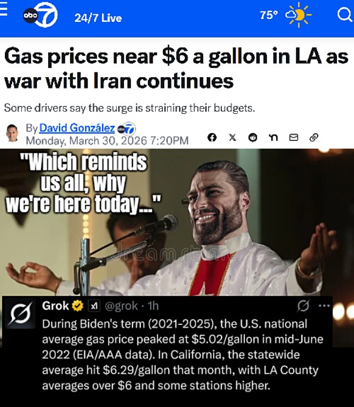 Even a war can't compete with the Biden years. And California is ofc higher than anyone always, despite its oil richness | image tagged in giga chad,gas prices,politics,california,sarcasm | made w/ Imgflip meme maker