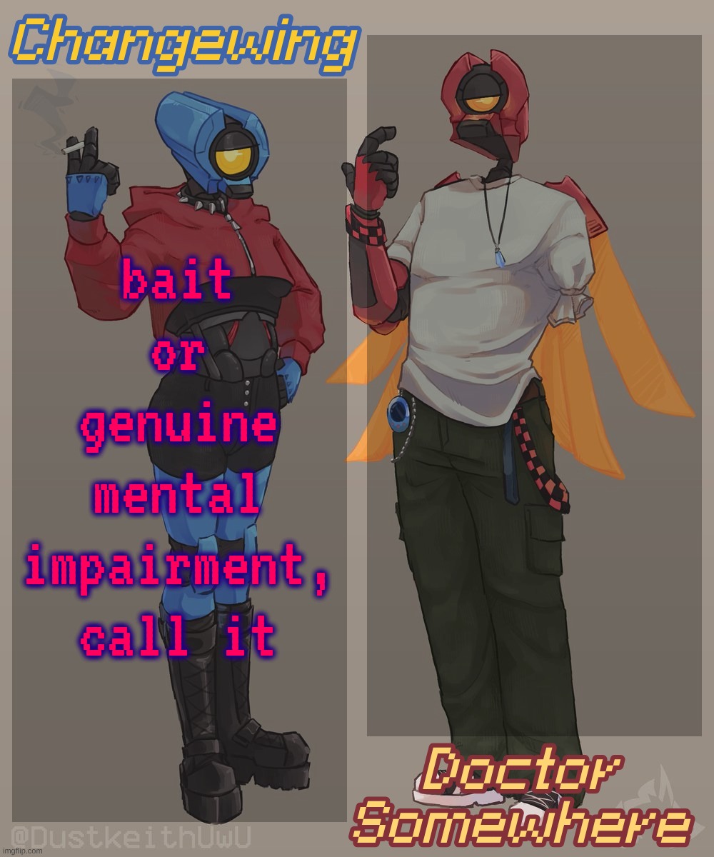 Changewing & Doctor Somewhere Ultrakill Shared Template 2 | bait or genuine mental impairment, call it | image tagged in changewing doctor somewhere ultrakill shared template 2 | made w/ Imgflip meme maker