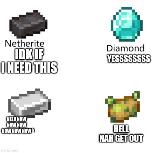 Netherite Diamond Iron | YESSSSSSSS; IDk if i need this; NEED NOW NOW NOW NOW NOW NOW; HELL NAH GET OUT | image tagged in netherite diamond iron | made w/ Imgflip meme maker