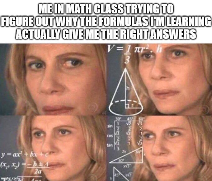 You might learn why they work eventually | Me in math class trying to figure out why the formulas I'm learning actually give me the right answers | image tagged in math lady/confused lady,formulas | made w/ Imgflip meme maker