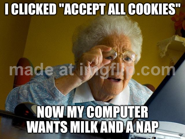 I CLICKED "ACCEPT ALL COOKIES"; NOW MY COMPUTER WANTS MILK AND A NAP | I CLICKED "ACCEPT ALL COOKIES"; NOW MY COMPUTER WANTS MILK AND A NAP | image tagged in memes,grandma finds the internet,nap,cookies,milk,computer | made w/ Imgflip meme maker