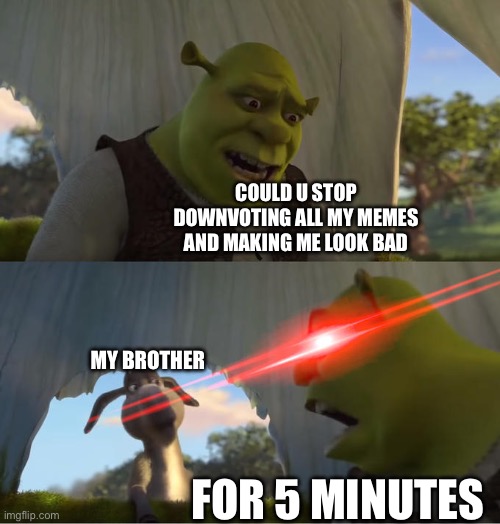 Me with my bro | Could u stop downvoting all my memes and making me look bad; My brother; for 5 minutes | image tagged in shrek for five minutes,sibling rivalry | made w/ Imgflip meme maker