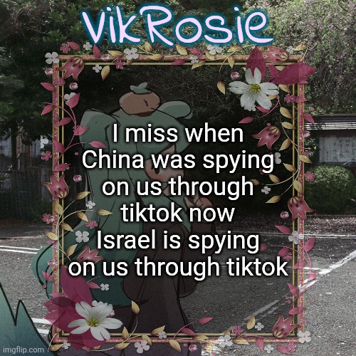 Rose's Tanger Temp | I miss when China was spying on us through tiktok now Israel is spying on us through tiktok | image tagged in rose's tanger temp | made w/ Imgflip meme maker