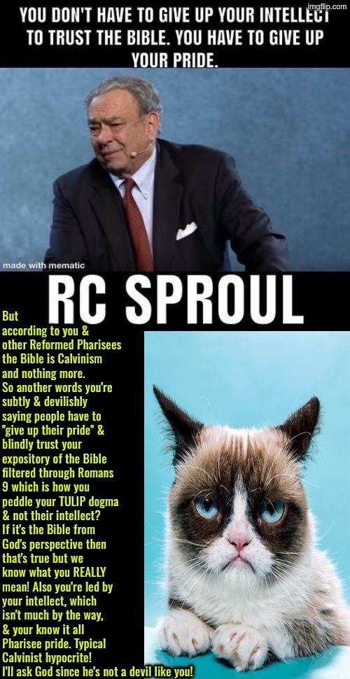 R. C. Sproul was a smug, subtly devilish hypocrite | But according to you & other Reformed Pharisees the Bible is Calvinism and nothing more. So another words you're subtly & devilishly saying people have to "give up their pride" & blindly trust your expository of the Bible filtered through Romans 9 which is how you peddle your TULIP dogma & not their intellect? If it's the Bible from God's perspective then that's true but we know what you REALLY mean! Also you're led by your intellect, which isn't much by the way, & your know it all Pharisee pride. Typical Calvinist hypocrite! I'll ask God since he's not a devil like you! | image tagged in calvinism,calvinist memes,reformed theology,r c sproul,hypocrites,devil | made w/ Imgflip meme maker