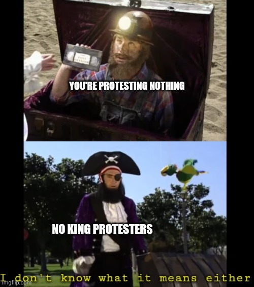 Reality hits hard | You're protesting nothing; No king protesters | image tagged in pachty the pirate | made w/ Imgflip meme maker