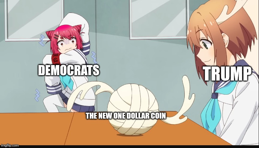 So it has his face on it, so what. | Trump; Democrats; The new one dollar coin | image tagged in antler thing,donald trump | made w/ Imgflip meme maker