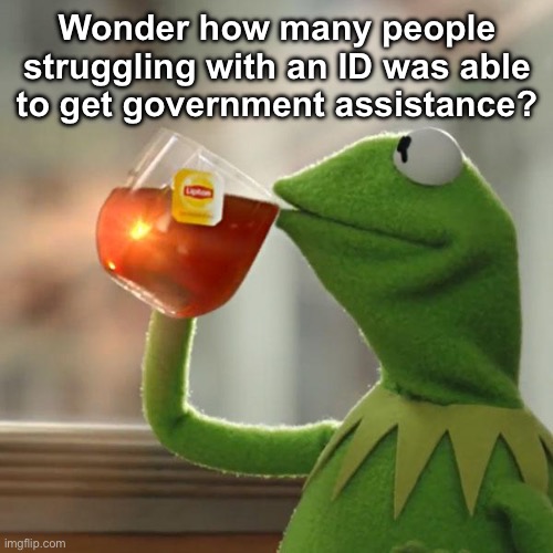 I wonder | Wonder how many people struggling with an ID was able to get government assistance? | image tagged in memes,but that's none of my business,kermit the frog,politics lol | made w/ Imgflip meme maker