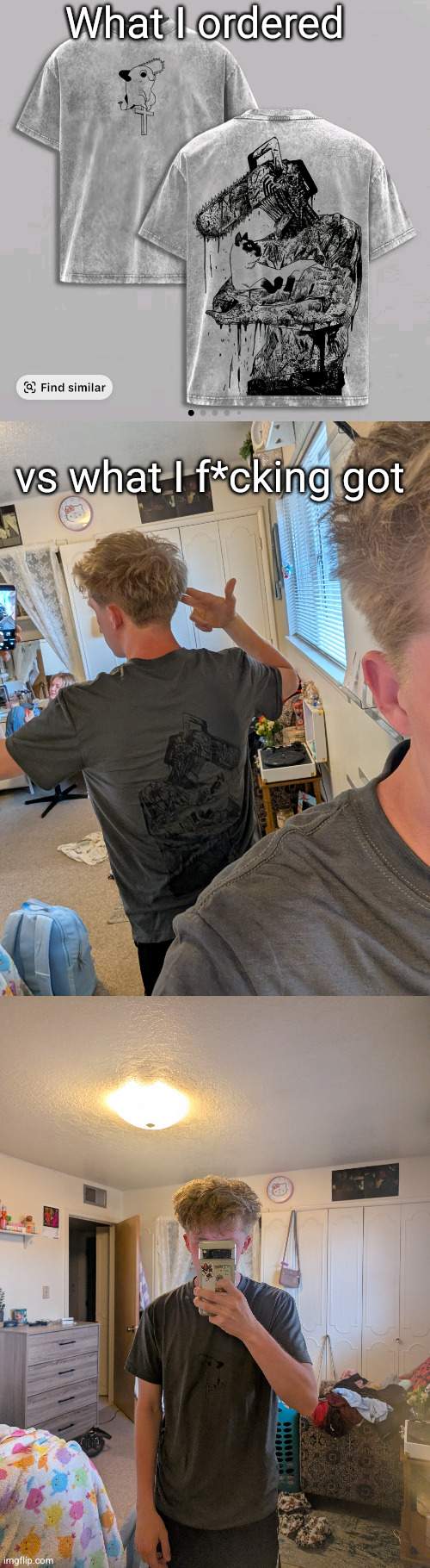 tiktok shop is great | What I ordered; vs what I f*cking got | image tagged in chainsaw man,denji,tiktok,tiktok sucks,anime,shirt | made w/ Imgflip meme maker