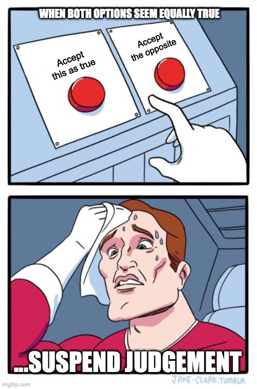 Two Buttons Meme | When both options seem equally true; Accept the opposite; Accept this as true; ...suspend judgement | image tagged in memes,two buttons | made w/ Imgflip meme maker