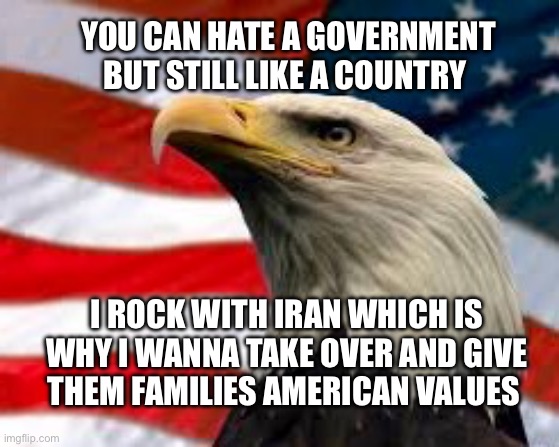 It’s called peace | You can hate a government but still like a country; i rock with Iran which is why I wanna take over and give them families American values | image tagged in patriotic | made w/ Imgflip meme maker