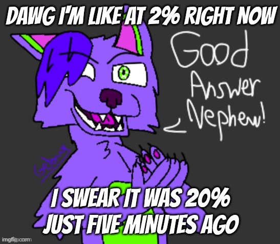 good answer nephew(thanks gebrix <3) | dawg I'm like at 2% right now; I swear it was 20% just five minutes ago | image tagged in good answer nephew thanks gebrix 3 | made w/ Imgflip meme maker