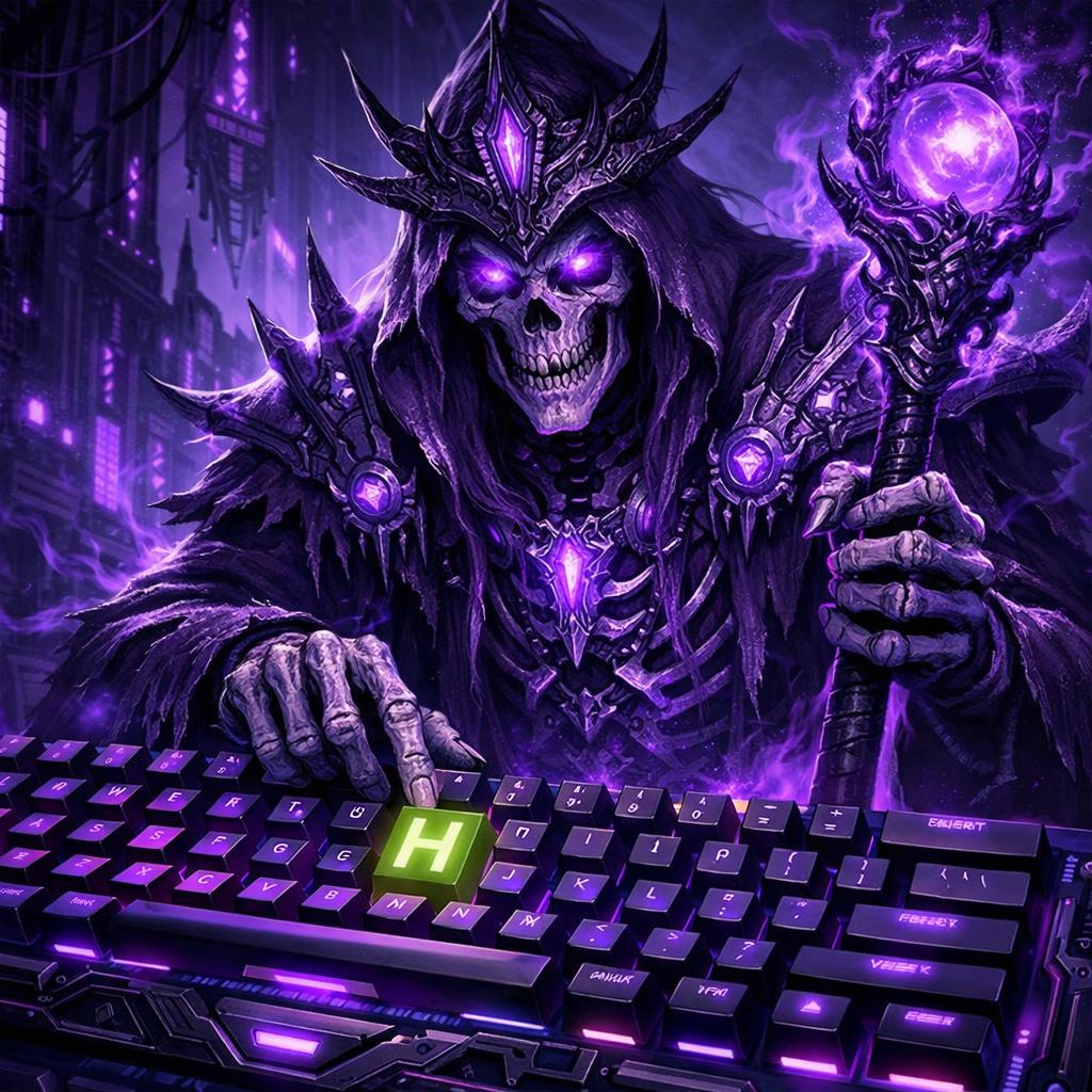 epic purple skeleton wizard and keyboard with highlighted h key Blank Meme Template