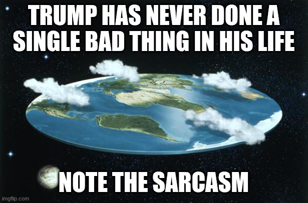 every prez has | Trump has never done a single bad thing in his life; note the sarcasm | image tagged in flat earth | made w/ Imgflip meme maker