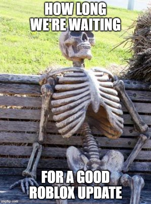 Waiting Skeleton Meme | how long we're waiting; for a good roblox update | image tagged in memes,waiting skeleton | made w/ Imgflip meme maker