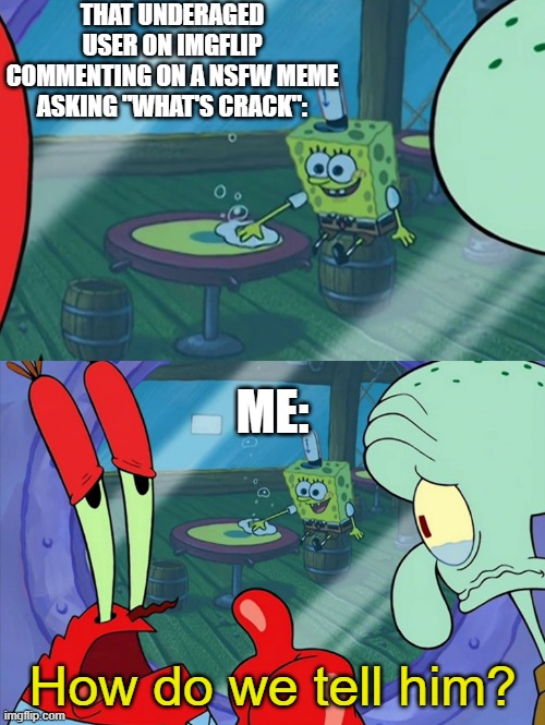 based on a true story | That underaged user on imgflip commenting on a nsfw meme asking "what's crack":; me:; How do we tell him? | image tagged in how do we tell him,memes,funny,funny memes | made w/ Imgflip meme maker