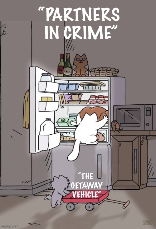They’ve been planning this for a while | “Partners 
in crime”; “The 
getaway
Vehicle” | image tagged in cats,cartoon,simons cat,refrigerator,partners in crime,chicken | made w/ Imgflip meme maker