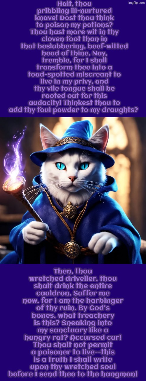 Halt, Thou Pribbling, Ill-nurtured Knave | Halt, thou pribbling ill-nurtured knave! Dost thou think to poison my potions? Thou hast more wit in thy cloven foot than in that beslubbering, beef-witted head of thine. Nay, tremble, for I shall transform thee into a toad-spotted miscreant to live in my privy, and thy vile tongue shall be rooted out for this audacity! Thinkest thou to add thy foul powder to my draughts? Then, thou wretched driveller, thou shalt drink the entire cauldron. Suffer me now, for I am the harbinger of thy ruin. By God's bones, what treachery is this? Sneaking into my sanctuary like a hungry rat? Accursed cur! Thou shalt not permit a poisoner to live--this is a truth I shall write upon thy wretched soul before I send thee to the hangman! | image tagged in cats,medieval memes,wizards,insults,so you have chosen death,funny cats | made w/ Imgflip meme maker