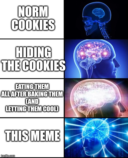 Expanding brain 4 panels | norm
cookies hiding the cookies eating them all after baking them
(and letting them cool) this meme | image tagged in expanding brain 4 panels | made w/ Imgflip meme maker