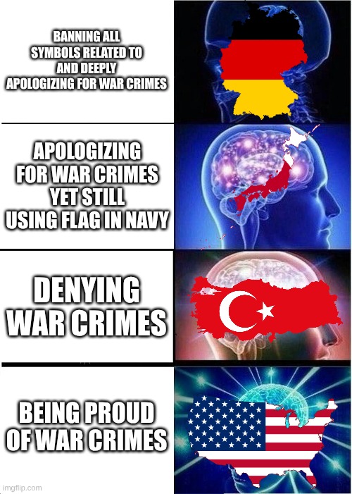 War Crimes: | Banning all symbols related to and deeply apologizing for war crimes; Apologizing for war crimes yet still using flag in navy; Denying war crimes; Being proud of war crimes | image tagged in memes,expanding brain | made w/ Imgflip meme maker