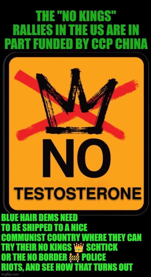 No Kings day...no testosterone cutie protest | The "No Kings" rallies in the US are in part funded by CCP China; Blue hair Dems need to be shipped to a nice communist country where they can try their no kings 👑 schtick or the no border 🚧 police riots, and see how that turns out | image tagged in liberal logic,woke,snowflakes,beta,crazy lady,usa | made w/ Imgflip meme maker
