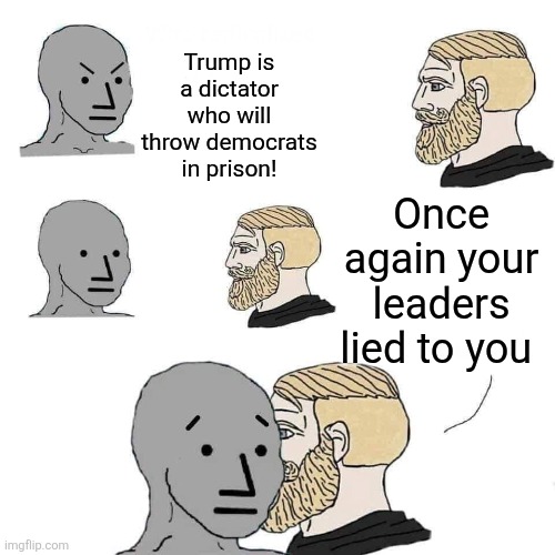 Chad approaching npc | Trump is a dictator who will throw democrats in prison! Once again your leaders lied to you | image tagged in chad approaching npc | made w/ Imgflip meme maker