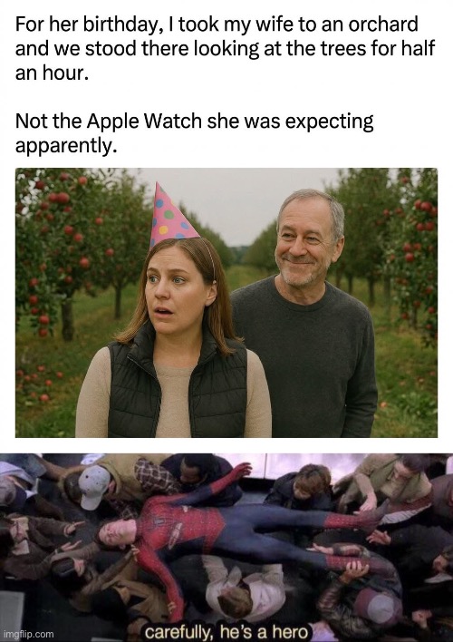 Loving Husband | image tagged in carefully he's a hero,apple,watch,husband | made w/ Imgflip meme maker