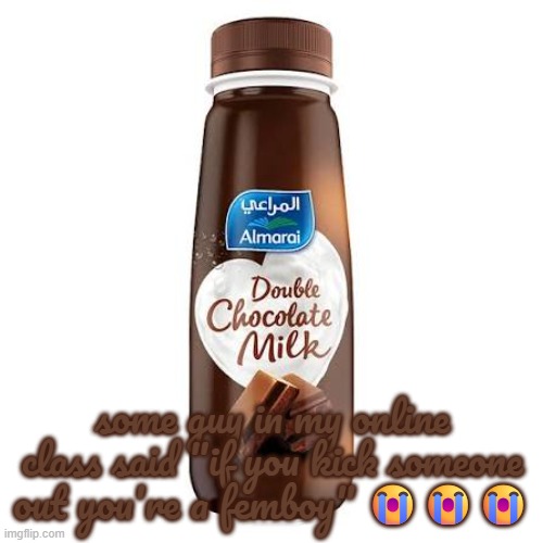 Almarai Double Chocolate Milk | some guy in my online class said "if you kick someone out you're a femboy" 😭😭😭 | image tagged in almarai double chocolate milk | made w/ Imgflip meme maker