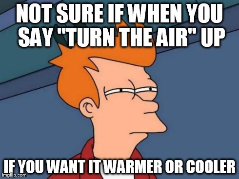 Futurama Fry | NOT SURE IF WHEN YOU SAY "TURN THE AIR" UP IF YOU WANT IT WARMER OR COOLER | image tagged in memes,futurama fry,AdviceAnimals | made w/ Imgflip meme maker