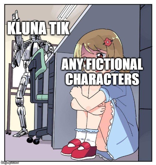 kluna tik stop ruining eveyone childhood characters like spongebob and steve | kluna tik; any fictional characters | image tagged in anime girl hiding from terminator meme,kluna tik,spongebob | made w/ Imgflip meme maker