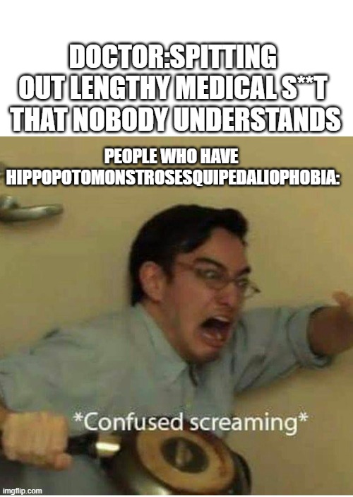word | doctor:spitting out lengthy medical s**t  that nobody understands; people who have  Hippopotomonstrosesquipedaliophobia: | image tagged in confused screaming | made w/ Imgflip meme maker