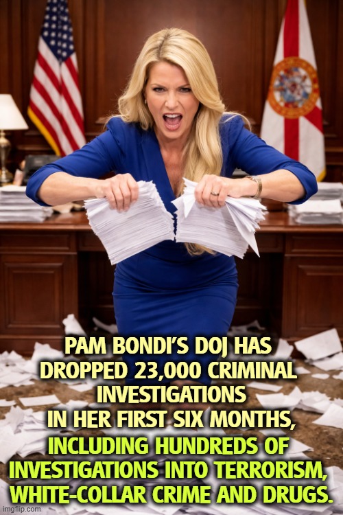 Pam Bondi just does immigration and Jeffrey Epstein. Nothing else matters. | Pam Bondi's DOJ has 
dropped 23,000 criminal 
investigations in her first six months, including hundreds of 
investigations into terrorism, 
white-collar crime and drugs. | image tagged in pam bondi doj jeffrey epstein files destroy,pam bondi,doj,immigration,jeffrey epstein,white collar crime | made w/ Imgflip meme maker