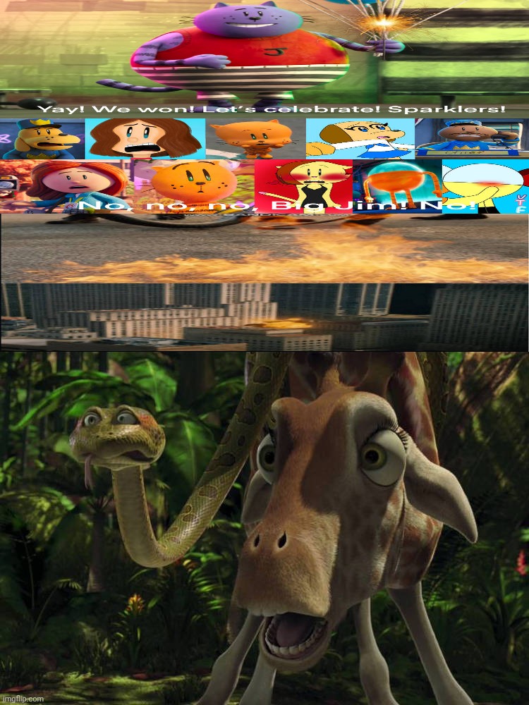 Bridget and Larry Reacts To big jim blows up the streets with sparklers | image tagged in bridget and larry reacts to who and what,deviantart,disney,ripoff,madagascar,deviantart week | made w/ Imgflip meme maker