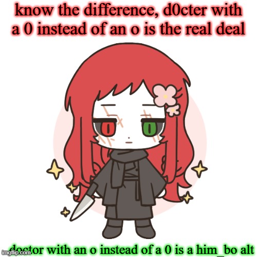 keep this ready in case people get confused | know the difference, d0cter with a 0 instead of an o is the real deal; doctor with an o instead of a 0 is a him_bo alt | image tagged in dragnoc time manipulating doll | made w/ Imgflip meme maker