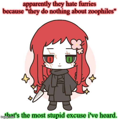 might as well say you don't like water because it doesn't dry the ground. | apparently they hate furries because "they do nothing about zoophiles"; that's the most stupid excuse i've heard. | image tagged in dragnoc time manipulating doll | made w/ Imgflip meme maker